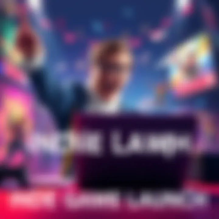 A person celebrating the launch of their first indie game with a laptop and game art around them, showing excitement and achievement.