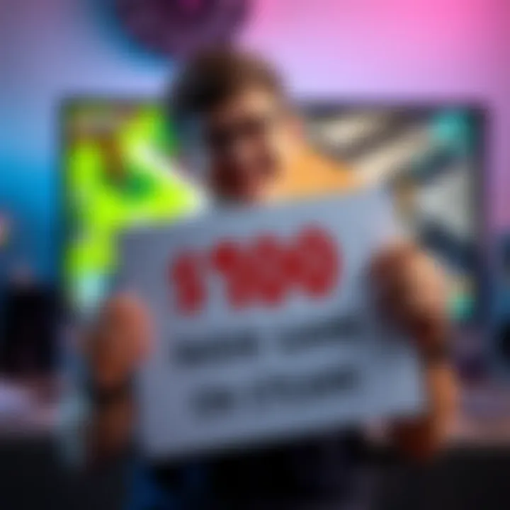 A solo game developer holds a sign asking for $100 to launch their game on Steam, with a computer showing gameplay in the background.
