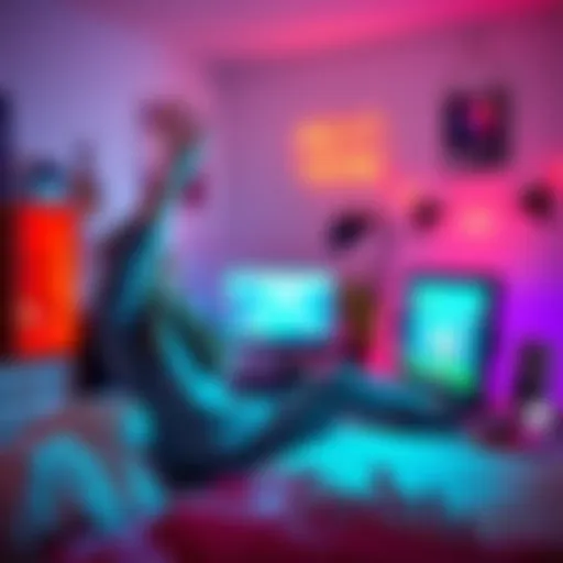 A happy indie game developer in his bedroom, excited about 18,000 wishlists for his game at Next Fest, with a computer screen showing the game's demo.