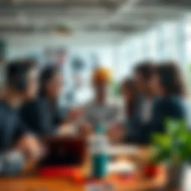 A group of diverse game developers discussing marketing strategies for an indie game in a bright, creative workspace