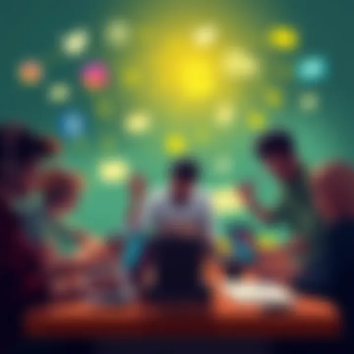 A group of indie game developers brainstorming marketing ideas with laptops and sketches, surrounded by social media icons, representing the shift from traditional devlogs to social media content in 2...