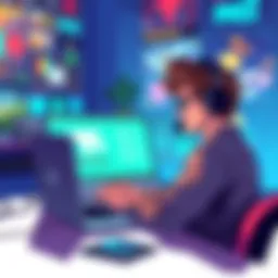 Illustration of a solo game developer using modern marketing tools like Shorts and Reels on a laptop, with gaming graphics in the background.