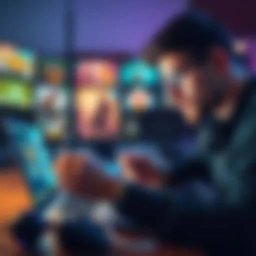 A playtester examining various indie games on a laptop, taking notes and focusing on game design elements.