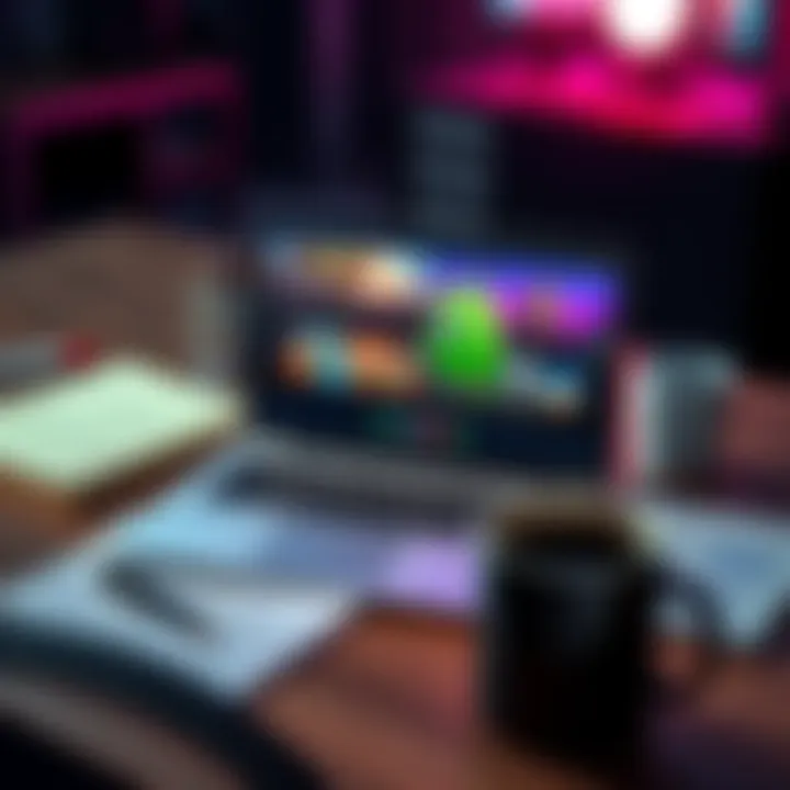 A laptop showing game promotion strategies with indie game graphics on the screen, surrounded by notes and a coffee mug.