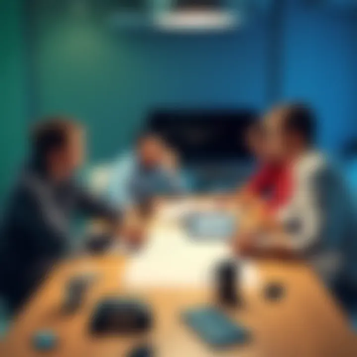 A group of indie game studio founders discussing creative ideas around a table with sketches and notes.