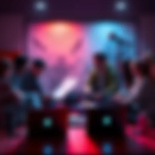 A group of creative individuals brainstorming ideas for an indie game studio, with sketches and laptops around them.