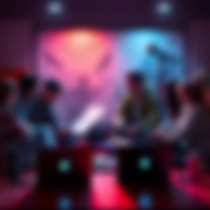 Indie game studio collaboration A group of creative individuals brainstorming ideas for an indie game studio, with sketches and laptops around them.