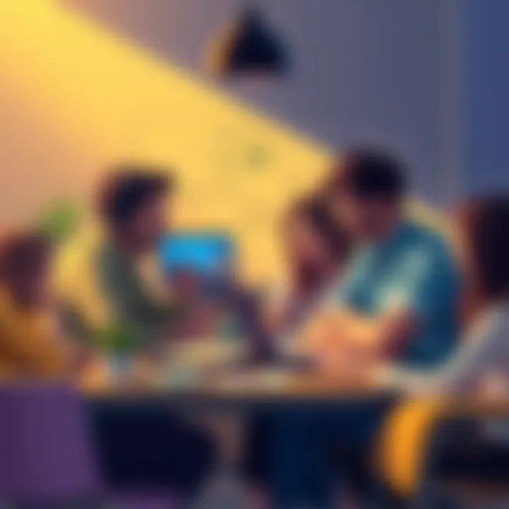 A group of creative individuals brainstorming together on game development ideas, with sketches and laptops in a cozy workspace.