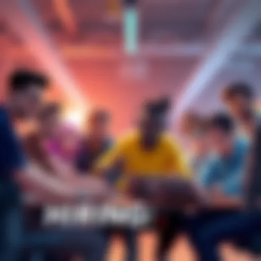 A diverse group of artists and developers working together in a creative studio setting, focusing on game design and animation.