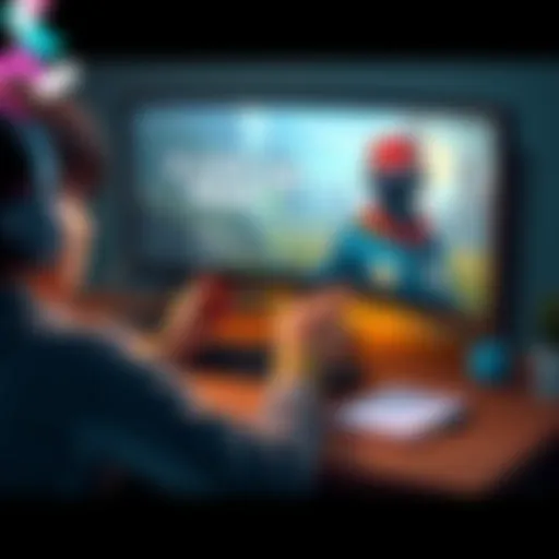 A person sitting at a computer, creating a trailer for an indie game, with game graphics on the screen and a notepad beside them.