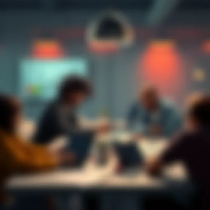 A group of diverse people discussing game concepts and revenue-sharing options around a table with laptops and sketches