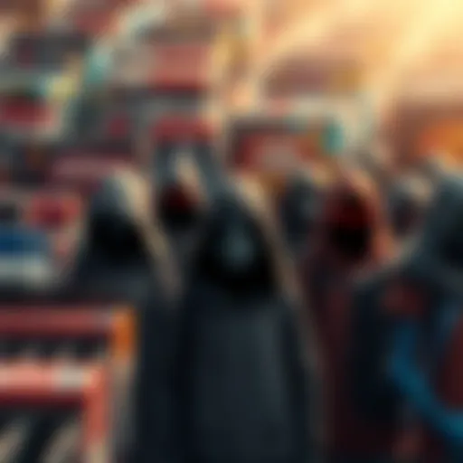 Various indie horror game characters standing in front of a sea of game boxes, representing a saturated market.