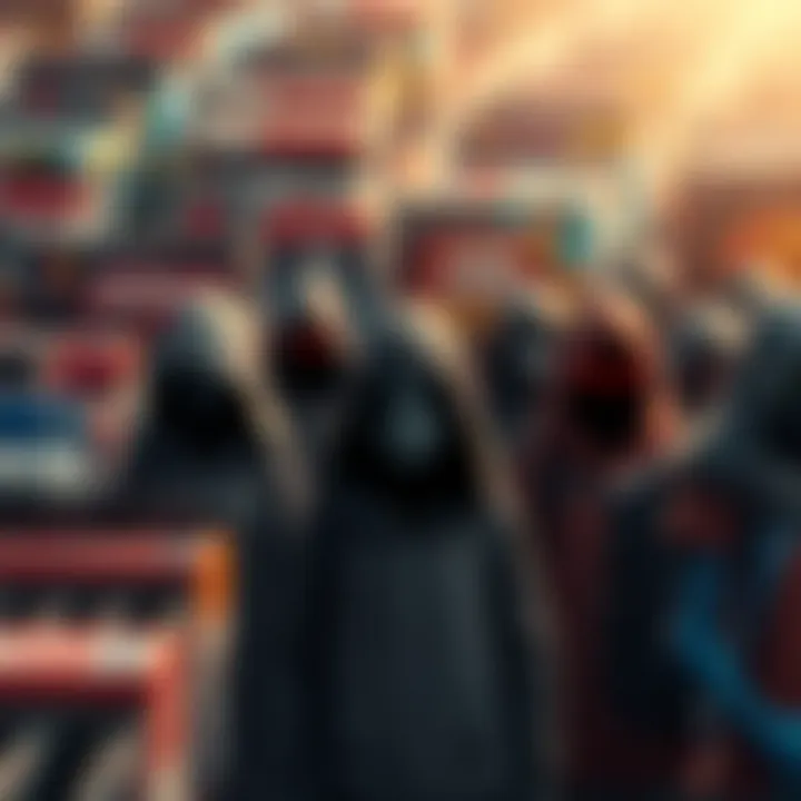 Various indie horror game characters standing in front of a sea of game boxes, representing a saturated market.