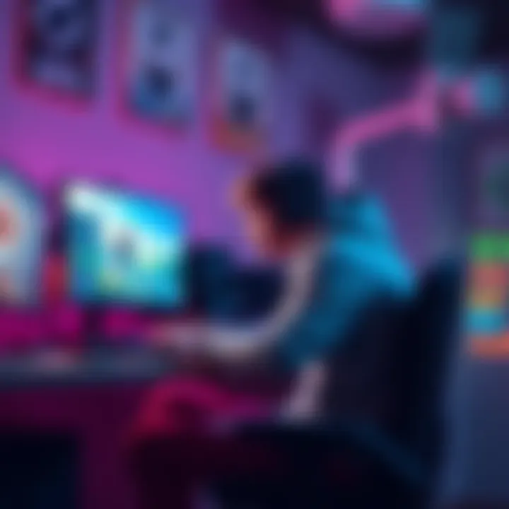 Ash, an indie playtester, sitting at a desk with a gaming setup, engaged in playtesting a game
