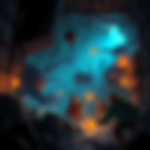 A group of adventurers exploring a dark dungeon with torches, facing monsters and treasures in an indie RPG style.