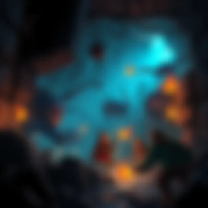 A group of adventurers exploring a dark dungeon with torches, facing monsters and treasures in an indie RPG style.