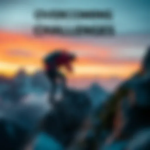 A person climbs a steep mountain, symbolizing the challenges faced while pursuing goals