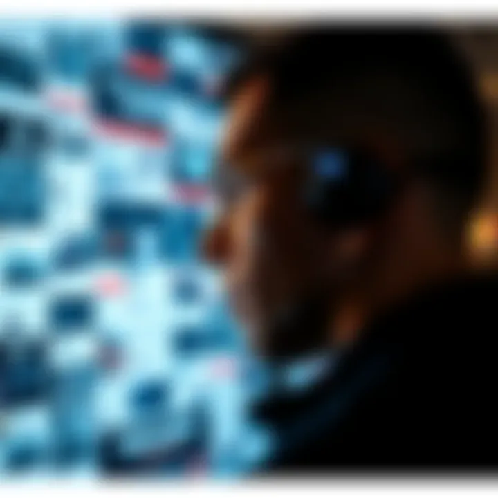 A person looking at a screen filled with news articles and social media posts, representing information warfare and its impact on free speech.