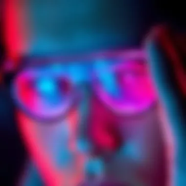 Person wearing infrared vision contact lenses A close-up of a person looking through infrared vision contact lenses, with a subtle glow highlighting the lenses as they appear to see beyond the normal spectrum of light.
