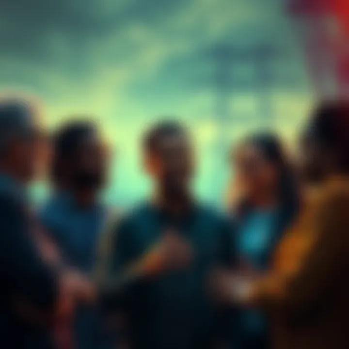 A group of diverse Americans discussing investments and savings to support new infrastructure projects, with data centers and power structures in the background.