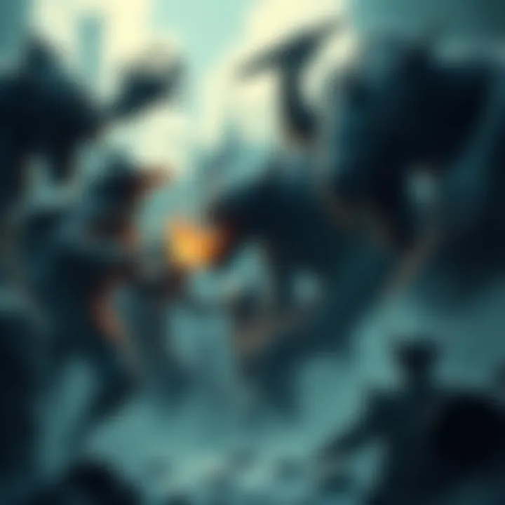 A confrontation between the citizens of Inkwell Isle and monstrous figures from the Underground, showcasing their rivalry and tension.