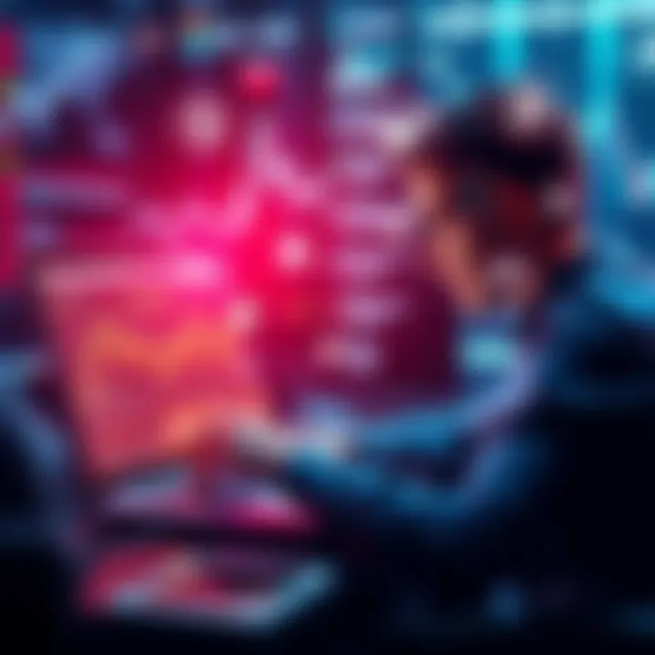 A person analyzing data on a laptop with digital graphs and AI icons around them, symbolizing new strategies for profit generation.