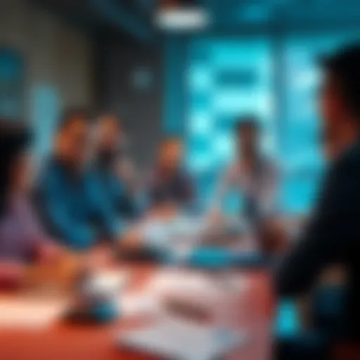 A group of diverse people discussing modern trends and issues around a table filled with technology and notes.