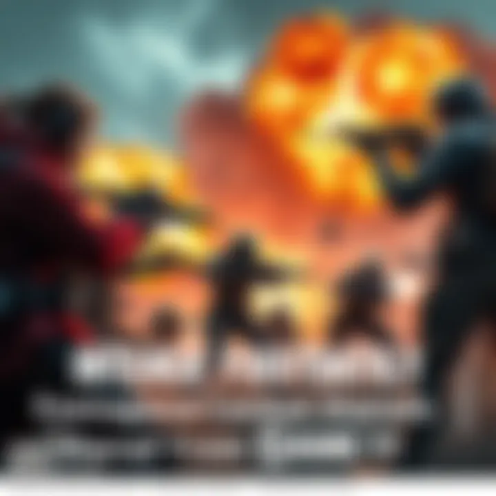 A thrilling moment of combat showing characters engaged in an intense battle with weapons drawn and explosions in the background