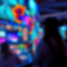 A scene showing a viewer engaging with vibrant artwork through an interactive video display, showcasing various art pieces in a dynamic format.