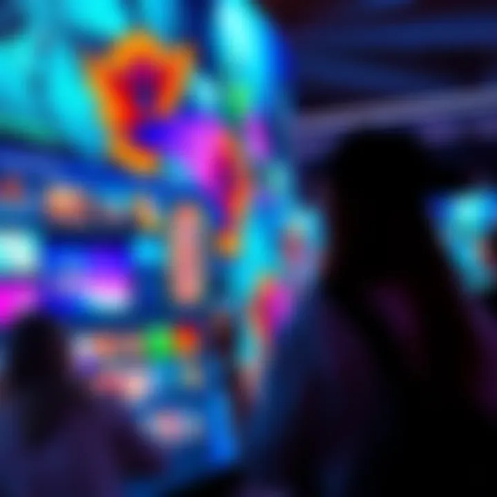 A scene showing a viewer engaging with vibrant artwork through an interactive video display, showcasing various art pieces in a dynamic format.