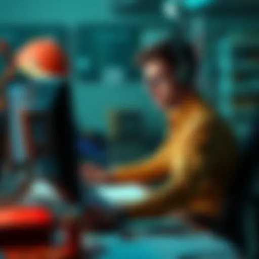 An intern at a mining company works on a computer, focusing on automating tasks like payroll and Excel improvements. They look concerned while surrounded by papers and code snippets.