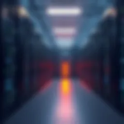 A view of a data center with rows of servers storing digital information for the Internet Archive.