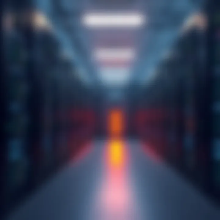 A view of a data center with rows of servers storing digital information for the Internet Archive.