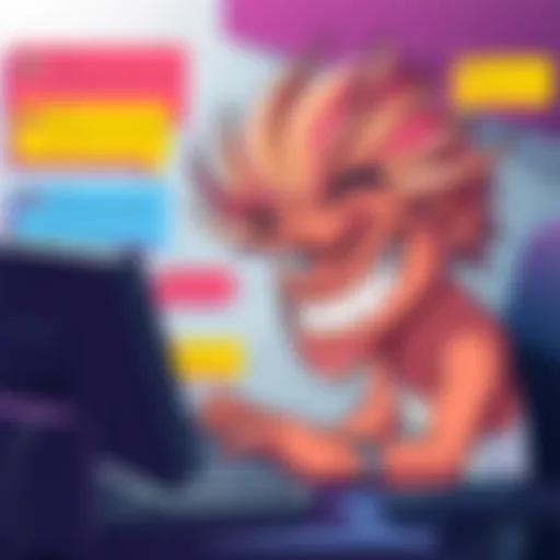 A cartoon character with messy hair and a mischievous grin, typing on a computer with colorful speech bubbles showing negative comments, representing online trolling.