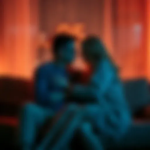 A couple sitting closely on a couch, sharing a moment of intimacy, surrounded by soft lighting and relaxed atmosphere.