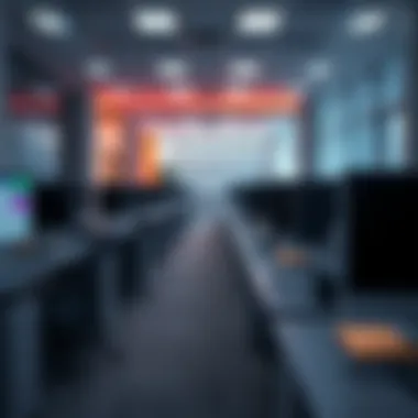An office setting showing empty desks and computer screens as Intuit announces layoffs of 3,000 employees, with a focus on AI initiatives.