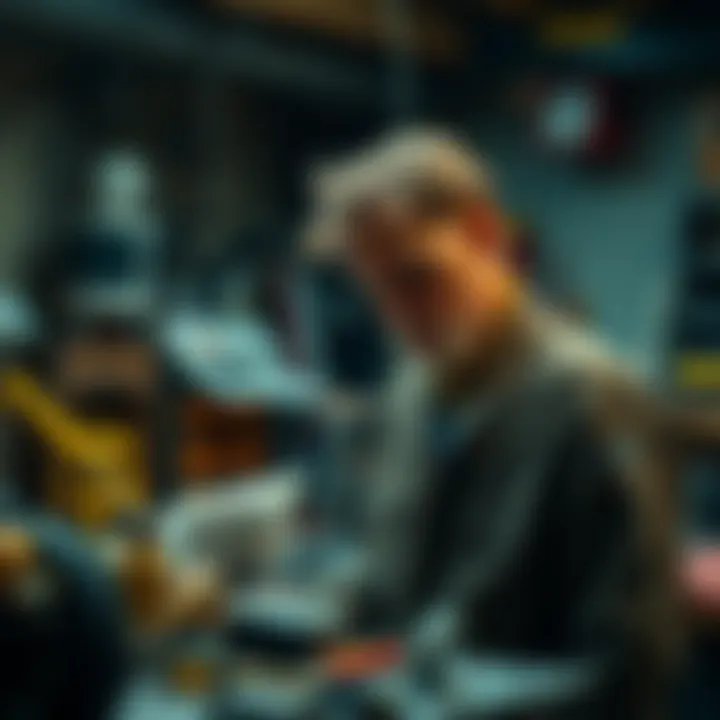 An inventor gazing thoughtfully at a discarded prototype in a cluttered workshop, reflecting on past challenges in innovation.