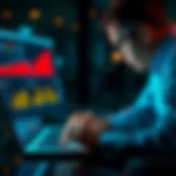 A person reviewing AI automation tools on a laptop with graphs and charts showing investment returns