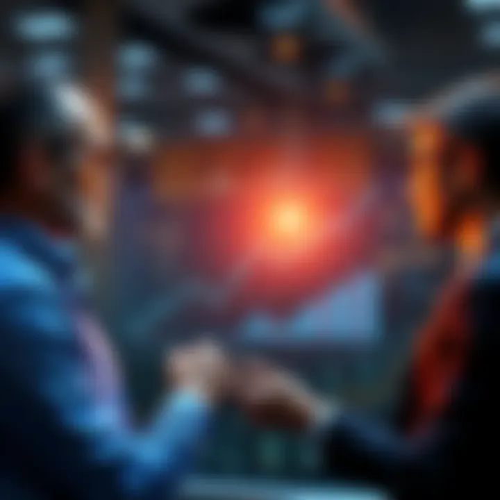 Group of investors analyzing a chart showing AI growth trends falling short of expectations