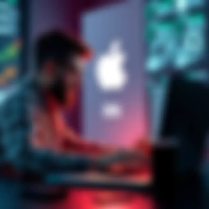 A developer working on an iOS app with a laptop and an Apple logo in the background