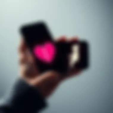 A person holding an iPhone with a broken heart symbol and a baby symbol, representing the link between phone use and declining fertility rates.