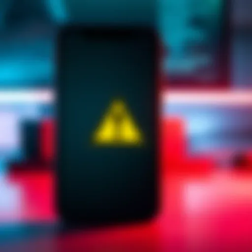 An iPhone displaying a warning symbol indicating a security risk from hacking.