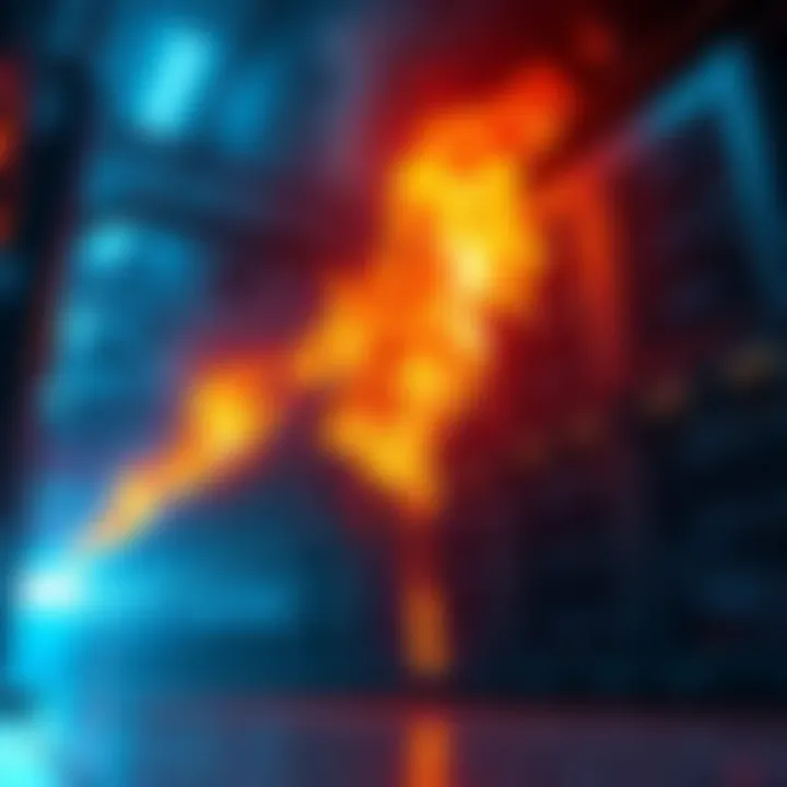 A datacenter with flames in the background, symbolizing Iran's retaliation against Claude's operations following Trump's ban.