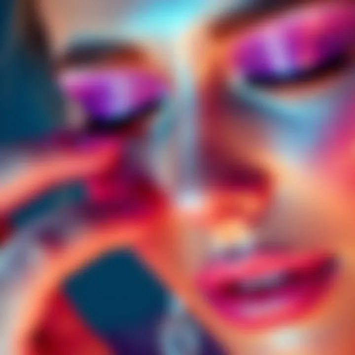 Iridescent Glitter Look A close-up of a person applying glitter makeup that shimmers in different colors under light, showcasing a vibrant iridescent glow