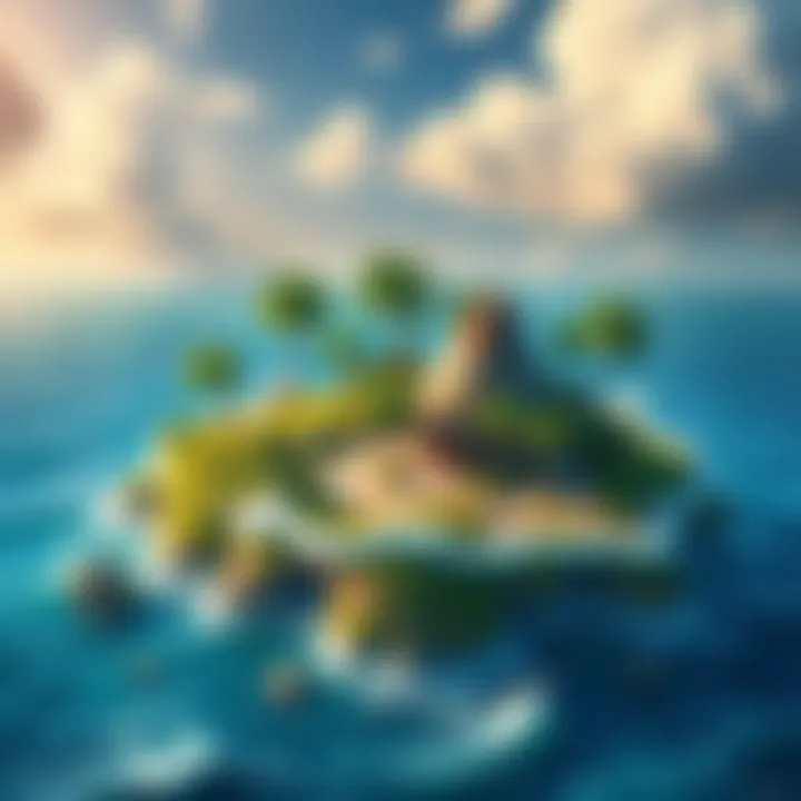 A vibrant island scene showcasing tropical trees, waves, and varying terrain under changing weather conditions.