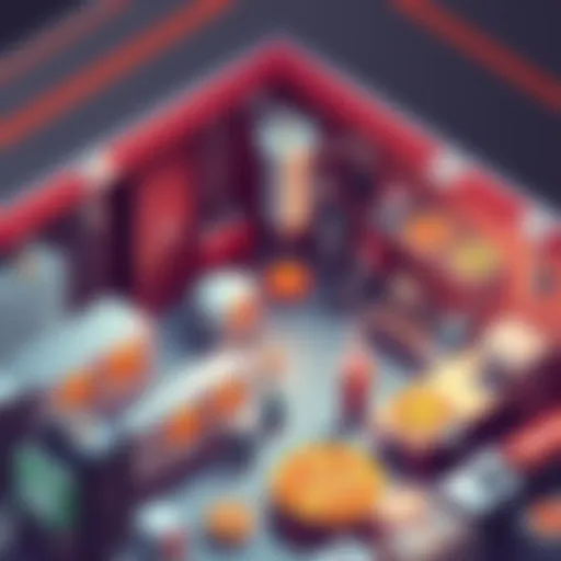 A colorful isometric illustration of an industrial pizza factory with ovens, chefs making pizzas, and various kitchen equipment.