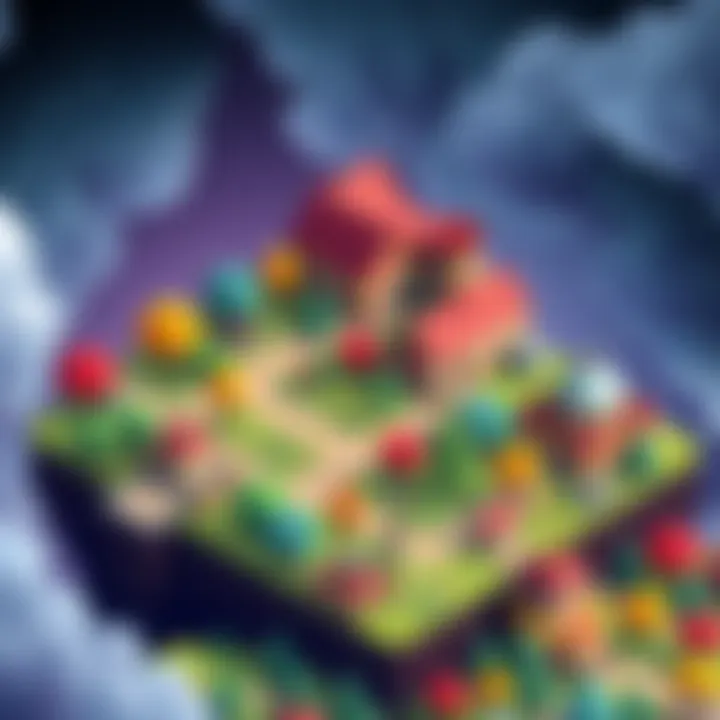An illustration showing a vibrant isometric pixel art RPG scene with characters exploring a colorful map filled with trees and buildings.