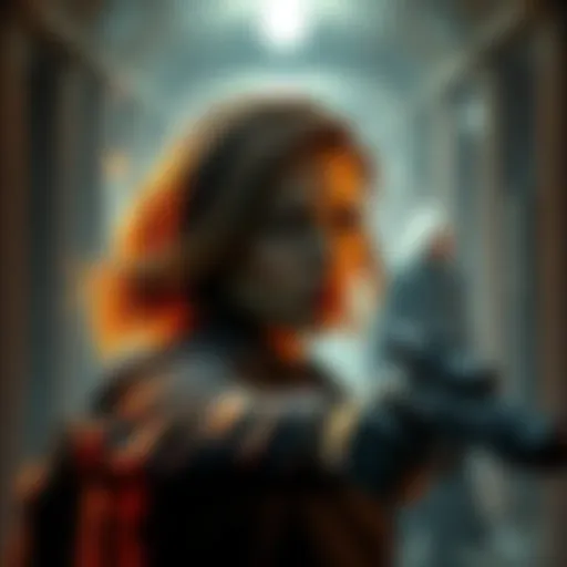 A woman named Jackie looks alert as she spots an assassin lurking in the background, ready to act. The scene has a tense atmosphere, highlighting her bravery and quick instincts.