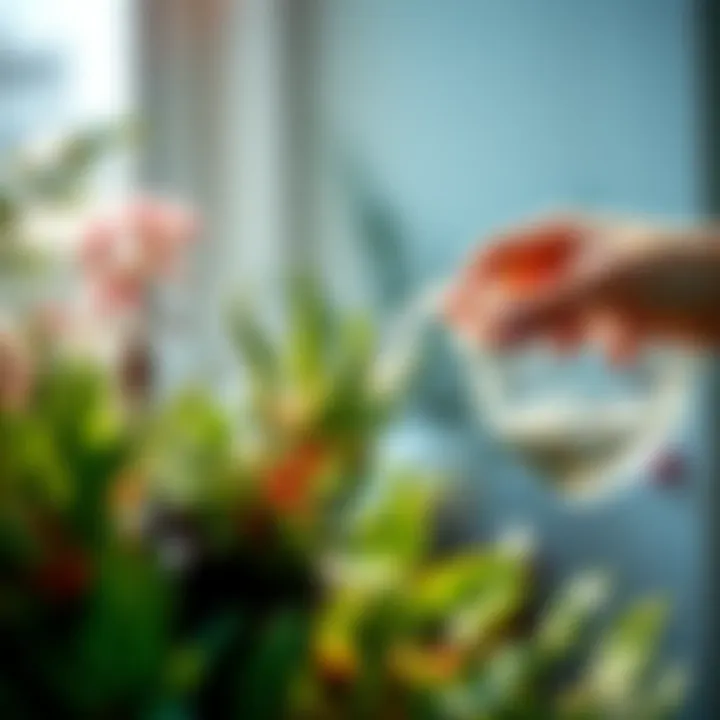 A person gently watering a healthy jade plant in bright sunlight