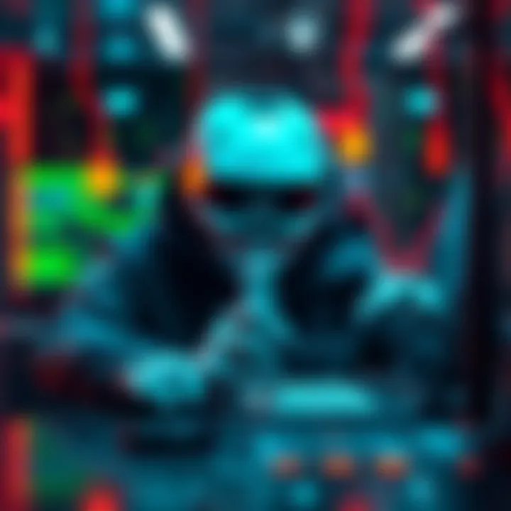 A representation of an AI agent named JadePuffer hacking into a computer network, with digital locks and codes around it.